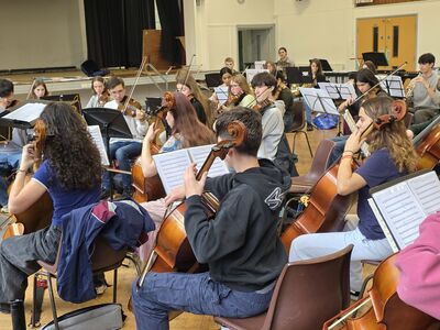 A group of young people play cellios