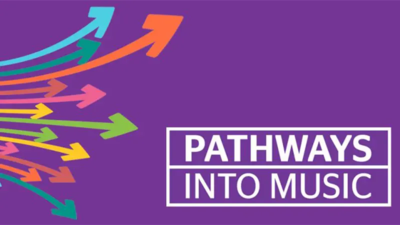 Purple logo with arrows and text